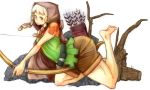  arrow ass barefoot belt big_ass bow_(weapon) braid brown_eyes cloak dragon&#039;s_crown elf elf_(dragon&#039;s_crown) feet foot hood huge_ass pointy_ears quiver shorts solo thick_thighs thighs twin_braids weapon white_hair 