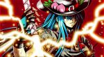  adapted_costume bad_id belt blue_hair bow electricity fingerless_gloves food fruit gloves hair_over_one_eye hat hijikawa_arashi hinanawi_tenshi injury long_hair peach red_eyes solo sword torn_clothes touhou weapon 