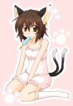  animal_ears bare_shoulders bloomers brown_eyes brown_hair camisole cat_ears cat_tail chen earrings eku highres jewelry kneehighs mouth_hold multiple_tails popsicle short_hair simple_background single_earring sitting socks solo tail touhou underwear underwear_only wariza white_legwear 