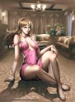  arm_support bare_legs bare_shoulders barefoot blue_eyes blush breasts brown_hair couch curtains dress erect_nipples lamp lips long_hair original shadow sitting solo strap_slip wanhsienwei watermark web_address 