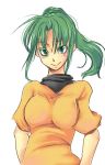  :&gt; breasts colored_eyelashes green_eyes green_hair higurashi_no_naku_koro_ni natsukawa_miyabi ponytail short_sleeves solo sonozaki_mion turtleneck 