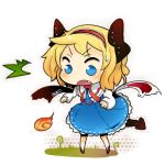  1girl alice_margatroid arai_seiryuu blonde_hair blue_eyes blush_stickers breathing_fire capelet chibi demon_tail dress fang fire flame frills hairband horns open_mouth solo sweatdrop tail touhou wings 