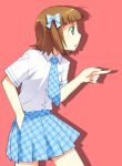  amami_haruka bad_id bow brown_hair green_eyes hair_bow hand_in_pocket idolmaster necktie open_mouth plaid plaid_skirt pointing rough_time_school school_uniform short_hair skirt solo tartan umekichi 