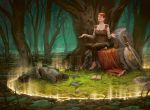  anklet armor barefoot book boots fantasy grass hair_bun jewelry light low_res magic:_the_gathering magic_the_gathering meditating nature official_art paladin realistic red_hair redhead rock shield sitting swamp sword weapon 