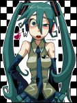  aqua_hair bare_shoulders blue_eyes blush body_blush breasts checkered checkered_background de detached_sleeves hand_on_hip hatsune_miku headphones heart long_hair necktie open_mouth skirt solo tegaki twintails uneven_eyes vocaloid 