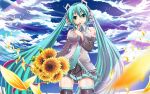  aqua_hair clouds flower hatsune_miku necktie sky thigh-highs twintails vocaloid 