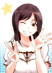  brown_eyes copyright_request grin hikasa_youko long_hair sakayama_shinta seiyuu smile star v waving wink 