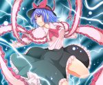  ascot blue_eyes blue_hair bow electricity energy_ball frills hat looking_away nagae_iku outstretched_arms red_eyes scarf serious shawl skirt solo spread_arms touhou uousa 