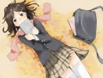  blush book brown_eyes brown_hair kureta_(nikogori) lying nikogori-mattyaduke object_hug original scarf skirt solo thigh-highs thighhighs zettai_ryouiki 