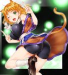  animal_ears ass bare_shoulders bike_shorts blonde_hair breasts cat_ears cat_tail extra_ears fang fingernails green_eyes kemonomimi_mode large_breasts long_fingernails looking_back middle_finger mizuhashi_parsee off_shoulder open_mouth pointy_ears shoes shorts_under_skirt sleeveless_turtleneck socks solo sugimeno tail touhou v white_legwear wink 