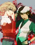  androgynous bad_id barnaby_brooks_jr belt blonde_hair brown_eyes brown_hair cabbie_hat covering covering_face facial_hair goatee green_eyes hat hat_tip kaburagi_t_kotetsu male multiple_boys necktie poko_(mammypoko) smile studded_belt tiger_&amp;_bunny vest 