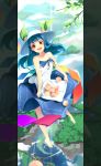  :d adapted_costume alternate_costume bare_shoulders barefoot blue_hair dress food fruit hat highres hinanawi_tenshi open_mouth peach pillarbox pillarboxed red_eyes skirt_basket smile solo touhou yoshino_ryou 
