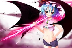  alternate_costume bad_id bat_wings blue_hair blush breasts brooch cleavage contemporary crop_top dx_(dekusu) hand_on_hip hat hips ikuodx jewelry large_wings mound_of_venus navel open_fly open_shorts panties pink_panties red_eyes remilia_scarlet sarashi short_hair short_shorts smile solo spear_the_gungnir touhou tubetop underwear unzipped weapon wings 