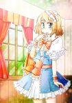  1girl alice_margatroid arnest blonde_hair blue_eyes blush bow capelet hairband open_mouth short_hair solo touhou window 