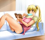  blush book breasts couch holding holding_book huge_breasts kamia_(not_found) legs long_hair lying matsuoka_kiyone not_found_(artist) orange_eyes original popsicle reading short_shorts shorts solo twintails 