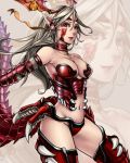  armor bad_id bare_shoulders breasts choker cleavage collarbone dragon_girl dragon_tail elf hair_ornament kotobuki_ryou lips navel original pointy_ears red_eyes scales silver_hair solo tail thighhighs zoom_layer 