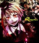  axis_powers_hetalia badge bangs blonde_hair earrings fangs gem glowing glowing_eyes happy hat jewelry male mini_top_hat necktie open_mouth pale_skin red_eyes ribbon romania_(hetalia) shou_g solo teeth text top_hat 