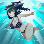  bikini black_hair blush brown_eyes checkered checkered_bikini curvy himekaidou_hatate plump pointy_ears shinobe smile solo swimming swimsuit touhou twintails underwater water 