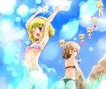  alice_margatroid armpits arms_up ass bare_shoulders bikini blue_eyes bow braid breasts brown_eyes grin hair_bow hairband highres kirisame_marisa matching_shanghai multiple_girls navel sarong shanghai_doll short_hair side-tie_bikini single_braid smile splash splashing swimsuit takara_akihito teeth touhou under_boob underboob wink 