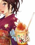  artist_request brown_eyes brown_hair food japanese_clothes kimono open_mouth original ponytail redjuice side_ponytail simple_background solo straw sweat tongue 