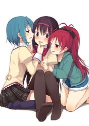  akemi_homura barefoot black_hair blue_eyes blue_hair blue_legwear blush bow brown_legwear chin_grab fang feet grin hair_bow hair_ribbon incipient_kiss jacket jewelry jing_hu kneehighs kneeling long_hair mahou_shoujo_madoka_magica miki_sayaka multiple_girls no_shoes open_mouth pantyhose plaid ponytail purple_eyes red_eyes red_hair redhead ribbon ring sakura_kyouko school_uniform short_hair shorts simple_background sitting skirt smile tartan violet_eyes wrist_grab yuri 