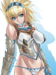  bare_shoulders barioth_(armor) blonde_hair blue_eyes breasts capcom dodai_shouji gauntlets hairband highres monster_hunter monster_hunter_portable_3rd navel panties sho~taro solo underwear 