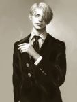  cigarette facial_hair formal goatee hair_over_one_eye highres joy_(pixiv_786379) male monochrome necktie one_piece realistic sanji sepia short_hair smoke smoking solo suit 