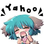  53 ^_^ animal_ears blush breasts brown_dress bust chibi closed_eyes dress eyes_closed fang green_hair hands_on_own_face hands_to_face kasodani_kyouko open_mouth solo touhou 