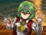  ascot bad_id breast_press breasts crack face fourth_wall glass green_hair hands kazami_yuuka light_smile orange_eyes red_eyes shaun_(fallenicons) short_hair touhou vest youkai 