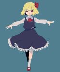  bad_id blonde_hair bow child dress lichty open_mouth outstretched_arms red_eyes rumia short_hair simple_background skirt smile socks solo spread_arms the_embodiment_of_scarlet_devil touhou white_legwear youkai 