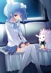  blue blue_hair bow bowtie chiyingzai couch hair_bobbles hair_bow hair_ornament hands_on_lap looking_down night original pillow pink_eyes purple_eyes sad short_hair sitting skirt solo stuffed_animal stuffed_bunny stuffed_toy thigh-highs thighhighs twintails violet_eyes white_legwear window zettai_ryouiki 