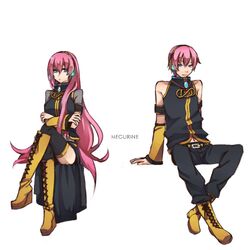  black_legwear boots crossed_legs detached_sleeves dual_persona genderswap headphones legs_crossed long_hair megurine_luka megurine_luki pants pink_hair short_hair sitting skirt sora_05 thigh-highs thighhighs vocaloid 