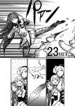  comic drill_hair fang garakuta kicking kyubey long_hair magical_girl mahou_shoujo_madoka_magica miki_sayaka monochrome multiple_girls pantyhose ponytail resurrection sakura_kyouko short_hair translation_request 