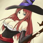  artist_request black_eyes breasts cleavage detached_sleeves dragon&#039;s_crown dragon's_crown dress hat highres huge_breasts large_breasts long_hair red_hair redhead solo sorceress_(dragon&#039;s_crown) sorceress_(dragon's_crown) staff strapless_dress vanillaware weapon witch_hat 