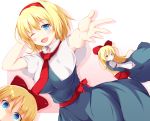  3girls alice_margatroid blonde_hair blue_eyes blush bow capelet doll dress fal_maro foreshortening hair_bow hairband long_hair looking_at_viewer multiple_girls necktie no_nose open_mouth outstretched_arm outstretched_hand shanghai_doll short_hair solo stare touhou wink 