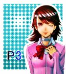  brown_hair bust choker earrings hand_on_own_chest hand_to_chest highres jewelry lips o223 persona persona_3 red_eyes school_uniform solo sweater takeba_yukari wink 