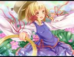  bad_id blonde_hair blush chakram dabadhi flat_chest flower hair_ribbon hat highres hoop letterboxed lily_pad lotus moriya&#039;s_iron_rings moriya's_iron_rings moriya_suwako open_mouth outstretched_arms petals ribbon smile solo splash splashing touhou water yellow_eyes 