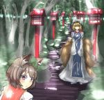  animal_ears bad_id brown_hair cat_ears chen closed_eyes dennou dennou_switch earrings eyes_closed forest fox_tail hat jewelry looking_back multiple_girls multiple_tails nature red_eyes sketch sleeves_past_wrists stairs sunlight tail touhou tree wooden_lantern yakumo_ran 