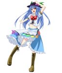  absurdres akutsu arm_up bad_id blue_hair blush boots bow cross-laced_footwear food fruit hand_on_hat hat highres hinanawi_tenshi lace-up_boots long_hair midriff navel open_mouth peach red_eyes skirt smile solo touhou transparent_background 
