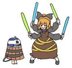  2girls barefoot blonde_hair bow brown_dress bucket dress energy_sword hair_bow in_bucket in_container kisume kurodani_yamame lightsaber long_sleeves multiple_girls quadruple_wielding r2-d2 r2-d2_(cosplay) shirt simple_background solid_circle_eyes star_wars sword terajin touhou weapon white_background 