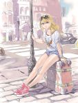  1girl alternate_costume blonde_hair bracelet brown_eyes brown_hair car cityscape cutoffs denim denim_shorts female full_body highres jewelry karina_lyle legs long_hair looking_at_viewer motor_vehicle necklace no_socks pomodorosa risa_hibiki shiny shiny_skin shorts sitting sitting_on_object solo suitcase sunglasses sunglasses_on_head tiger_&amp;_bunny vehicle watch wristwatch 