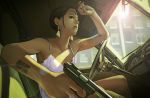  bad_id barcode brown_eyes brown_hair car copyright_request earrings eko-des-co face foreshortening gun handgun jewelry left-hand_drive lens_flare motor_vehicle radio short_hair solo speedometer steering_wheel vehicle weapon 