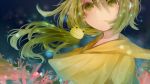  amaka_eru bad_id blurry bokeh bust coral crying crying_with_eyes_open depth_of_field frown green_eyes green_hair hair_ornament hairpin itamidome night poncho portrait sad side_ponytail solo tears underwater utau 