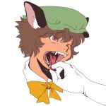  animal_ears brown_hair cat_ears chen face fangs hands hat onigashira_rin onikobe_rin open_mouth red_eyes slit_pupils solo tongue tongue_grab touhou wince wink 