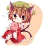  :&lt; animal_ears ball blush brown_eyes brown_hair cat_ears cat_tail chen chibi dress earrings hat jewelry multiple_tails on_back piercing playing red_dress short_hair solo tail touhou wool yukiusagi_(paretto) 