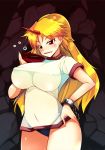  blonde_hair blush breasts buruma drunk fang gym_uniform hand_on_hip hips horn hoshiguma_yuugi impossible_clothes impossible_clothing impossible_shirt ippongui large_breasts long_hair red_eyes sakazuki sake shackle shirt solo taut_shirt touhou 