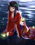  black_eyes black_hair breasts butterfly butterfly_hair_ornament cleavage fireflies hair_ornament hands japanese_clothes kagetsuki long_hair original sengoku_taisen solo spider_web standing wading water 