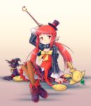  collar cross_mind dungeon_and_fighter earrings fang hat jacket jewelry mage_(dungeon_and_fighter) mini_top_hat pantyhose pointy_ears red_eyes red_hair redhead ribbon sitting smile staff top_hat twintails witch_hat yoshi_(crossmind) 