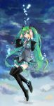  boots catin detached_sleeves green_eyes green_hair hand_on_ear hatsune_miku long_hair necktie skirt smile solo thigh-highs thigh_boots thighhighs twintails very_long_hair vocaloid 