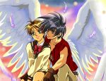  1girl angel_wings black_hair brown_eyes brown_hair couple feathers gloves green_eyes hitomi kanzaki_hitomi mikiky school_uniform short_hair tenkuu_no_escaflowne van_fanel wings 